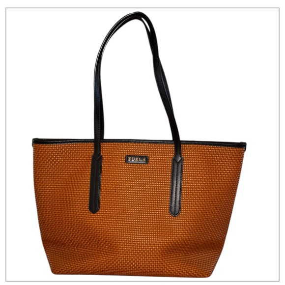 FURLA Luxury Large Ariana Woven Tote Bag Brown PVC Black Leather - Picture 3 of 10